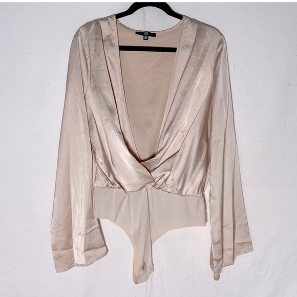 Missguided Champagne Satin Drapey Open Front Bodysuit 12 - Picture 12 of 12